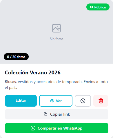 Tarjeta de un álbum con sus botones de administración
