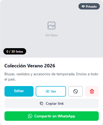 Tarjeta de álbum mostrando la etiqueta Privado
