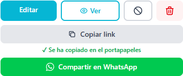 Botones Copiar link y Compartir en WhatsApp en la tarjeta de un álbum