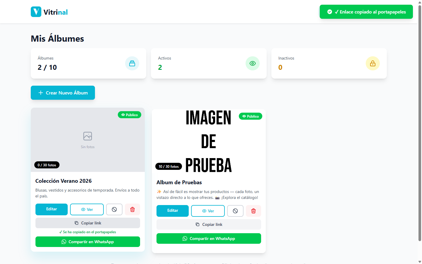 Aviso Enlace copiado al portapapeles sobre la lista de álbumes