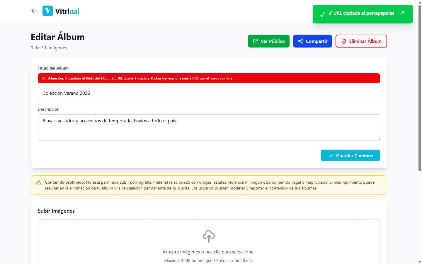 Pantalla de edición con el aviso URL copiada al portapapeles