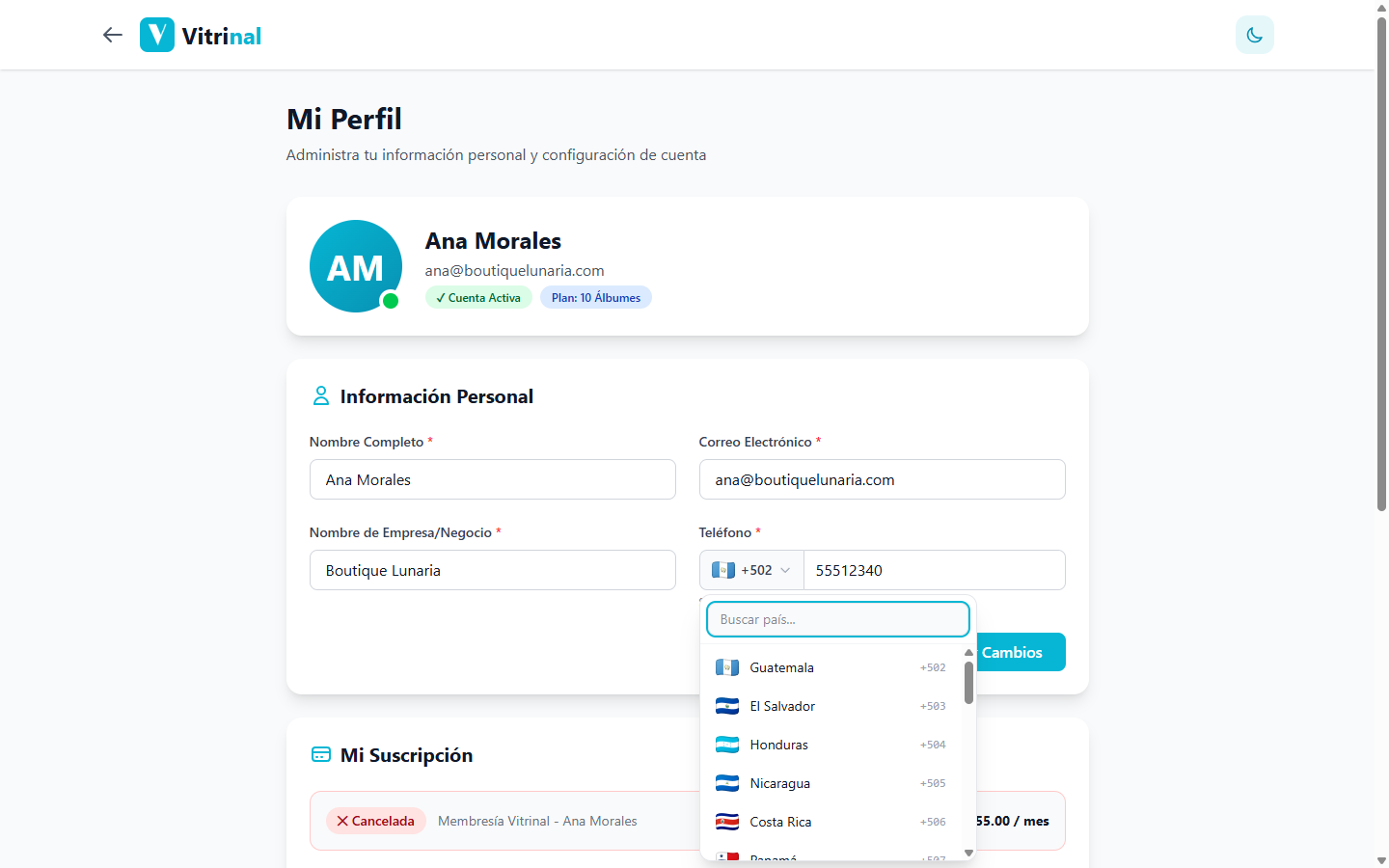 Selector de código de país abierto mostrando Guatemala, El Salvador, Honduras y otros
