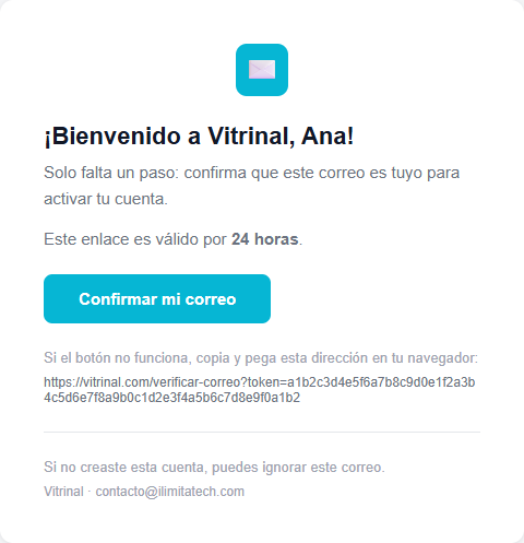 Correo de bienvenida de Vitrinal con el botón Confirmar mi correo
