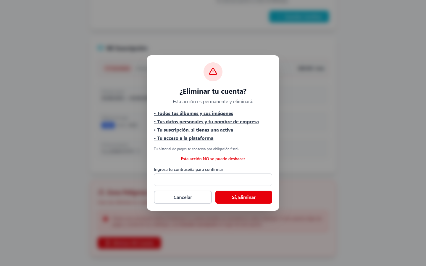 Ventana de confirmación para eliminar la cuenta