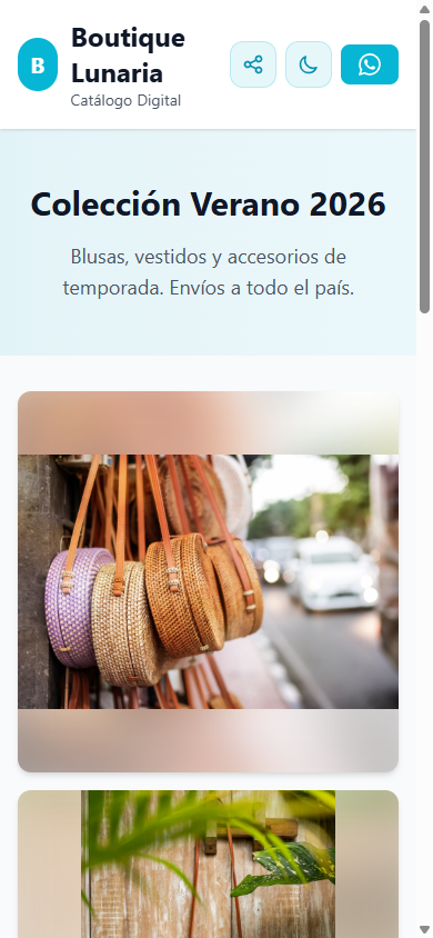 El mismo catálogo visto desde un teléfono, con las fotos en una columna